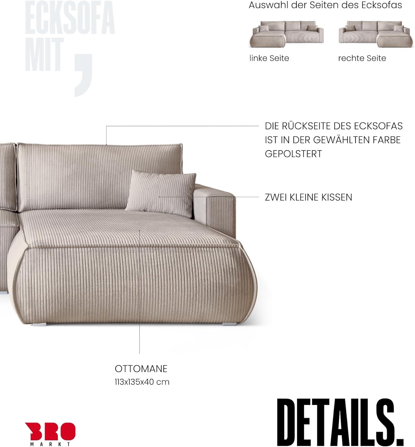 BROMARKT Sofa mit Schlaffunktion Couch L polsterreiniger Sofa Bettkasten Schlafsofa für Wohnzimmer Couch freistehend Havana Relaxsofa 3 sitzer 270x173x80 cm Weiß