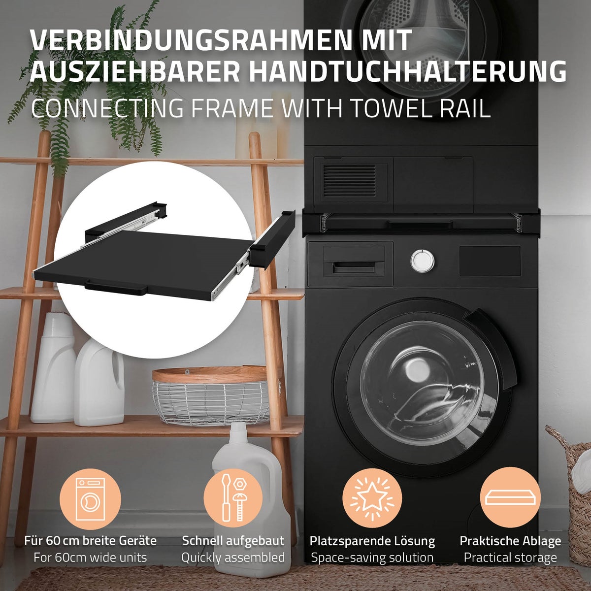 ML-Design Stapelframe met uitschuifbare plank, staal, 60x60 cm, zwart, verbindingsframe voor wasmachine/droger, stapelkit met uitschuifbare plank voor wasmand, universeel stapelframe
