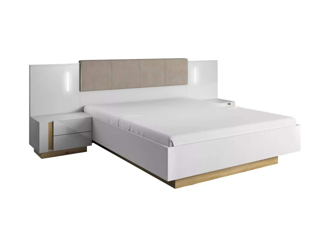 Lit coffre avec chevets 160 x 200 cm - Avec LEDs - Blanc et naturel - MURARI