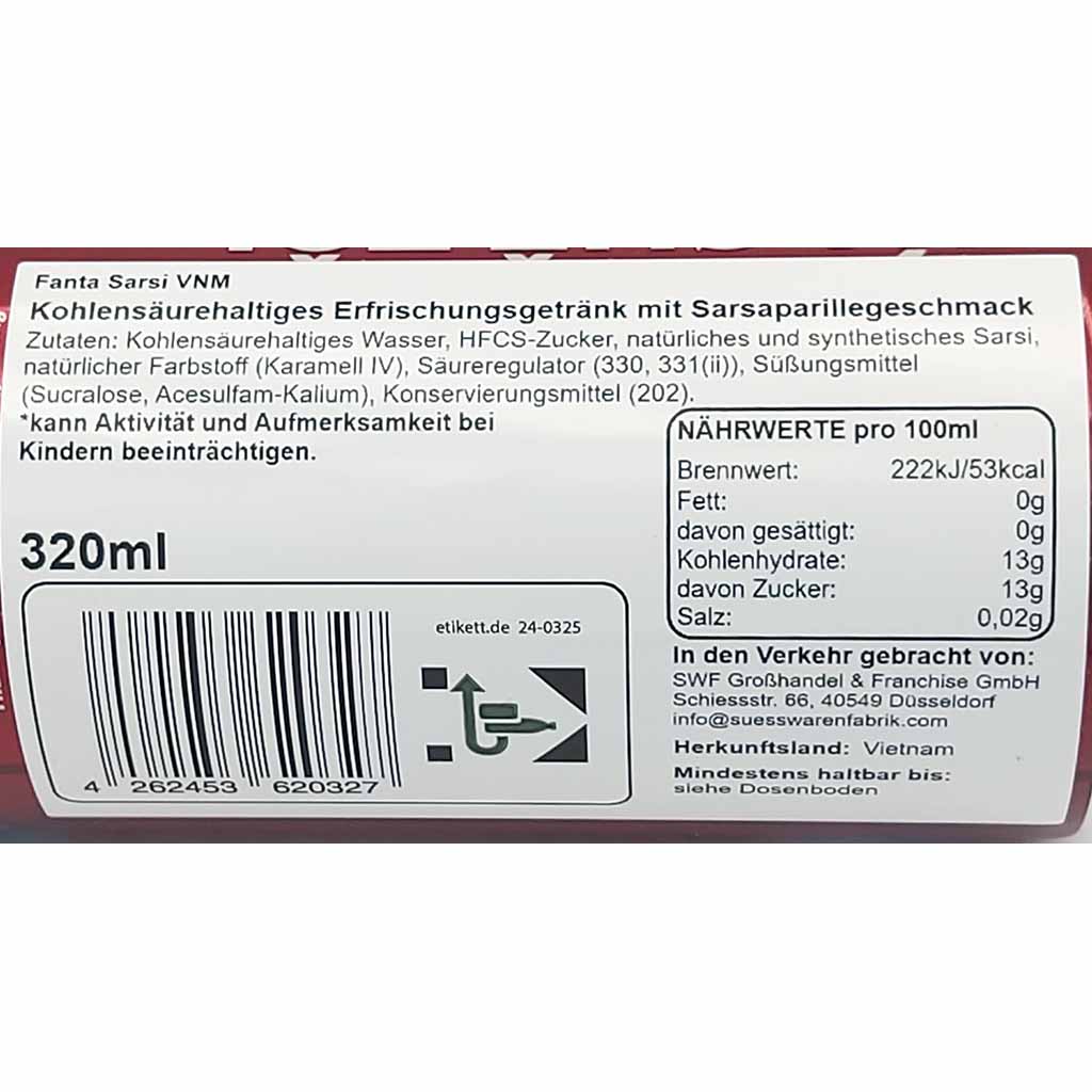Fanta Sarsi - mit Sarsaparillengeschmack 24x 320ml DOSE = 7,68 Liter MHD:2.1.25
