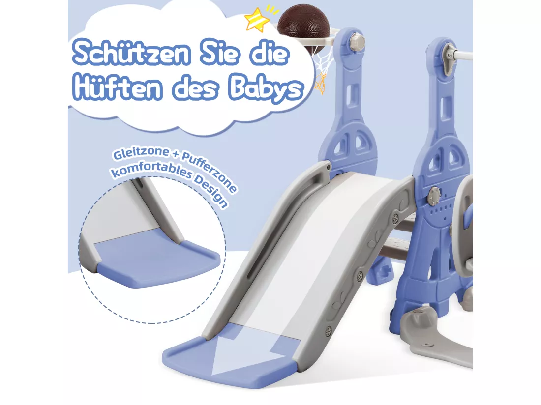 Toboggan 4 en 1 avec balançoire et support de basket-ball pour enfants, échelle d'escalade, pour intérieure et extérieure, bleu