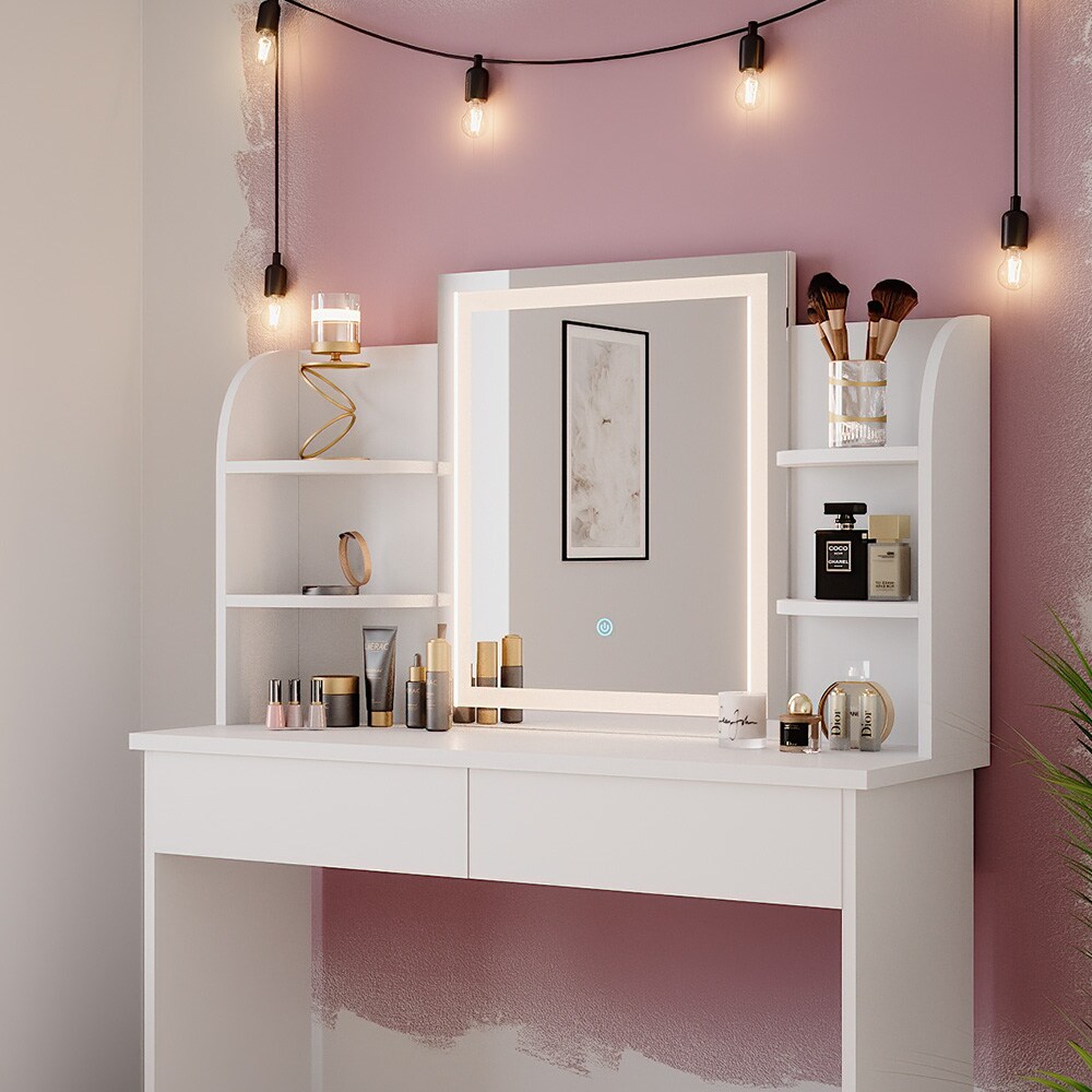 Vicco Schminktisch Frisiertisch Schminkkommode Charlotte Weiß LED-Spiegel 106x142 cm modern Schlafzimmer Kommode Schublade Ablage Aufbewahrung Kosmetiktisch Schminkkonsole Make-Up-Tisch