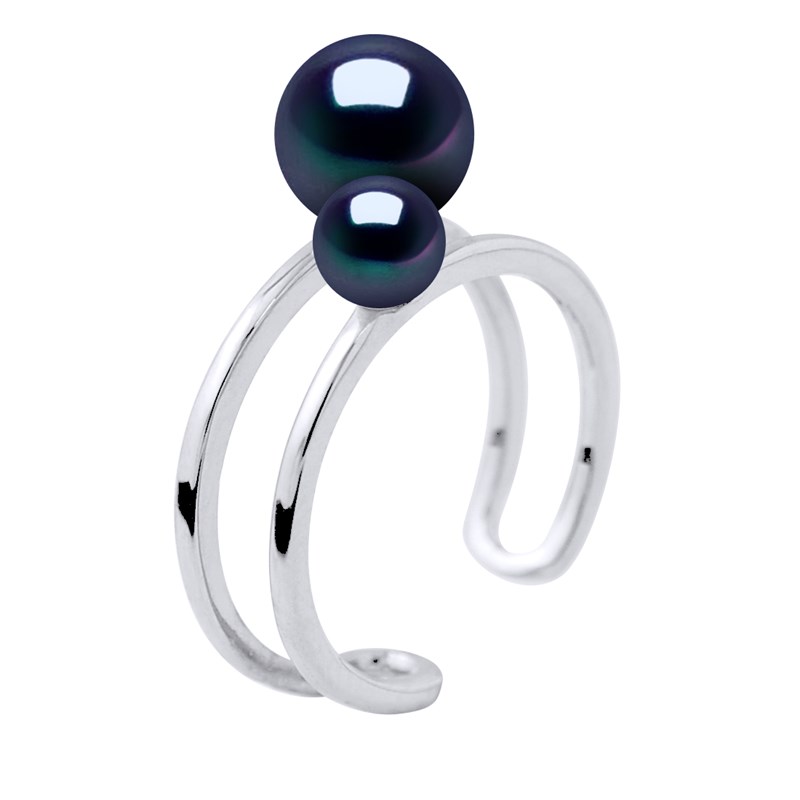 Bague DUO Perles d'Eau Douce 5 et 8 mm Noires Argent 925