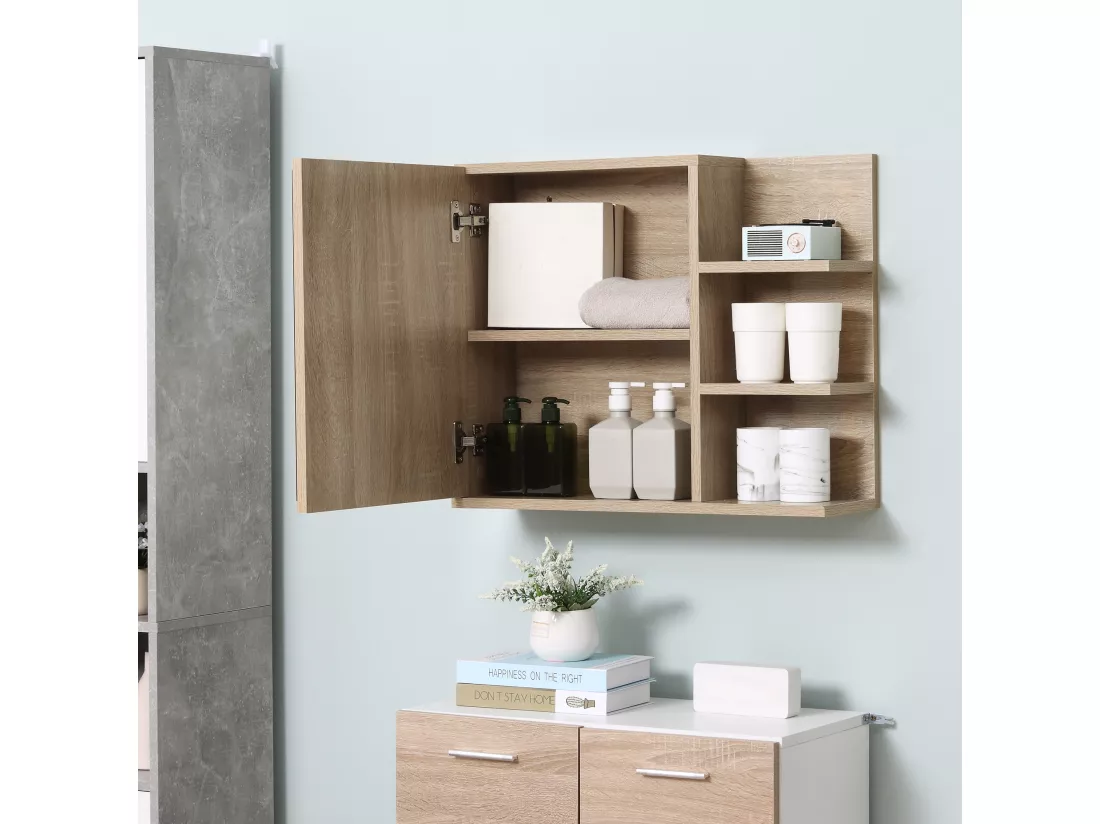 Armoire miroir de salle de bain avec étagère - 3 étagères latérales - kit installation murale fourni - panneaux particules aspect chêne clair