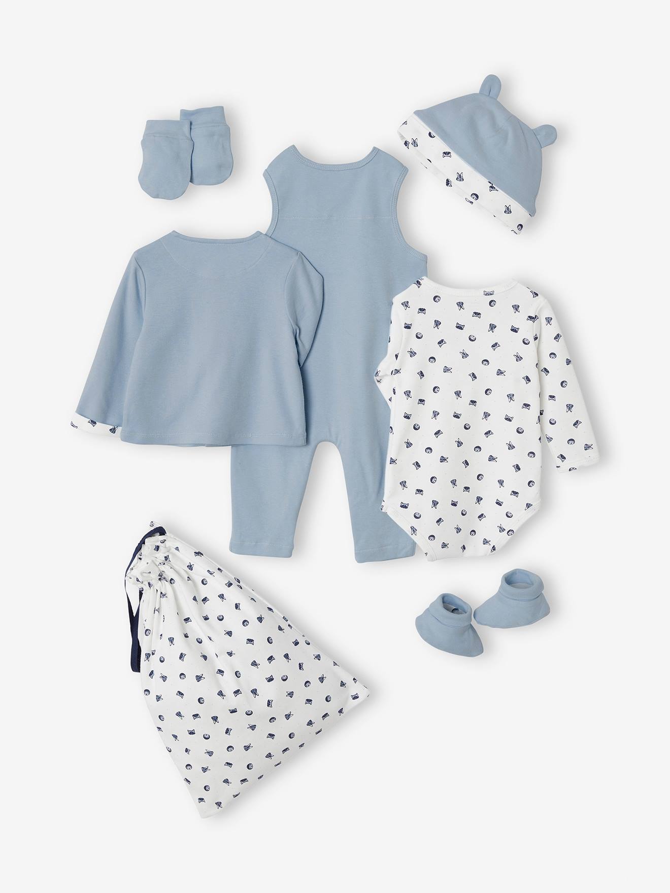 Kit para recém-nascido com 6 itens + bolsa média lisa azul personalizável com estampas.