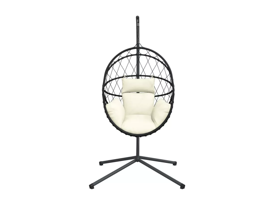 Chaise suspendue en forme d'œuf et support beige rotin et acier