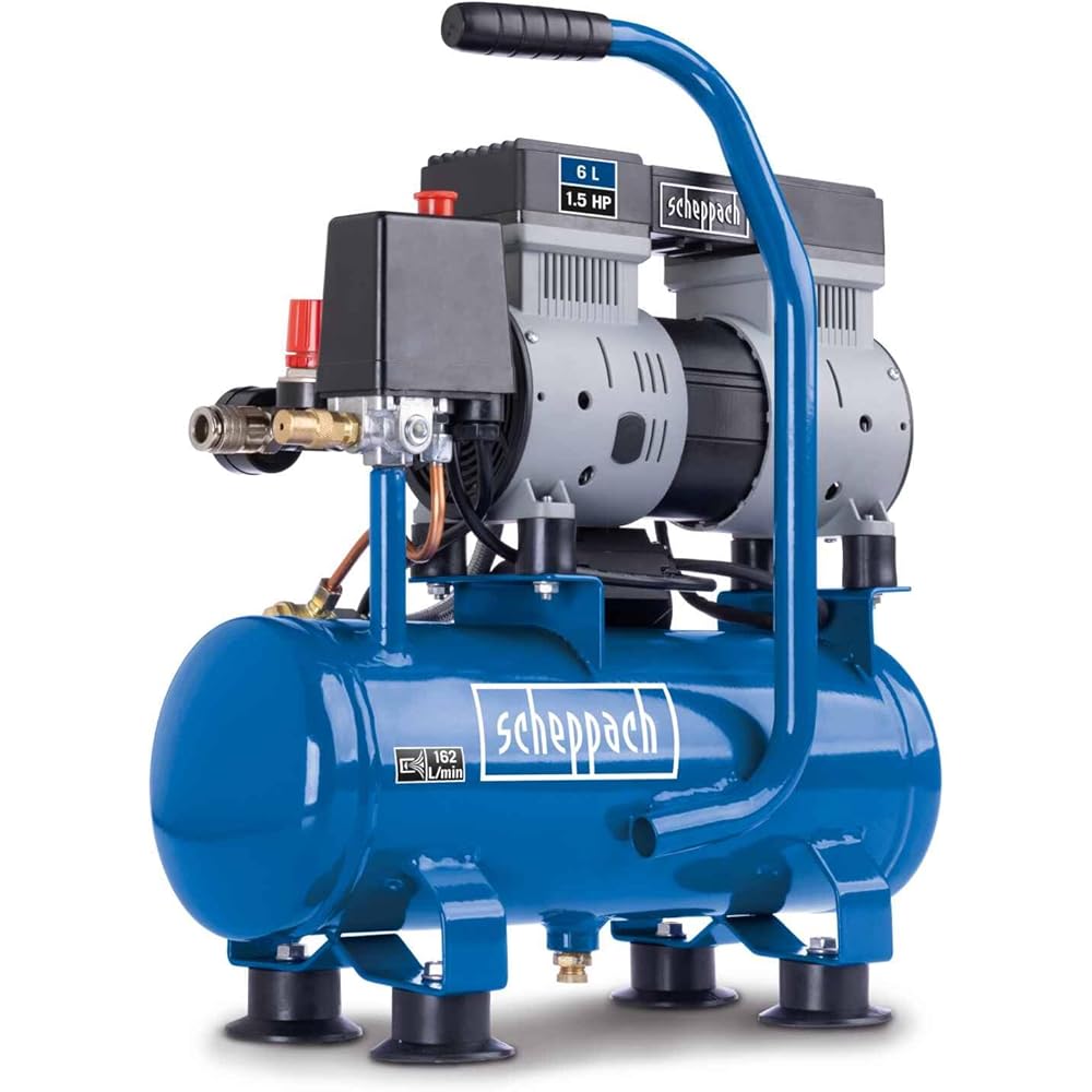 Scheppach HC08Si Compresseur ultra silencieux | 8bar | Cuve de 6L | 1,5CV / 1100W | Sans huile & entretien réduit | Débit d'aspiration 162 L/min | Compresseur silencieux avec 67,4 db(A) : Bricolage