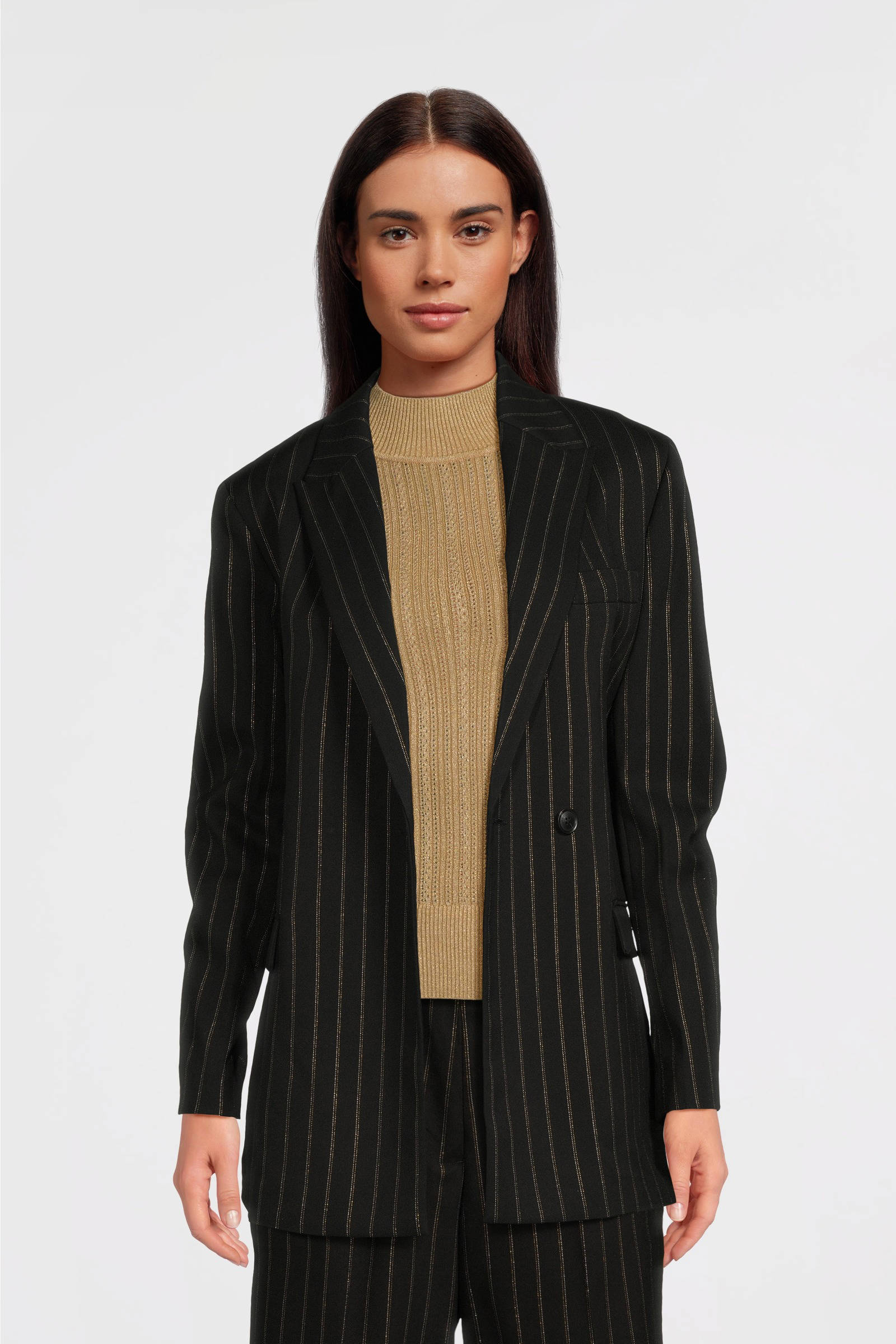 Scotch & Soda getailleerde blazer met krijtstreep en ceintuur zwart/zilver