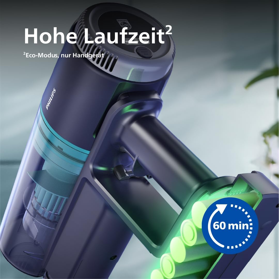 Philips Kabelloser Staubsauger der Serie 3000, Leistungsstarke Saugleistung auf Hartböden, 60 Minuten Laufzeit, Düse mit LED-Licht, Fugen und Kombinationsdüse, Austauschbarer Akku(XC3032/01)