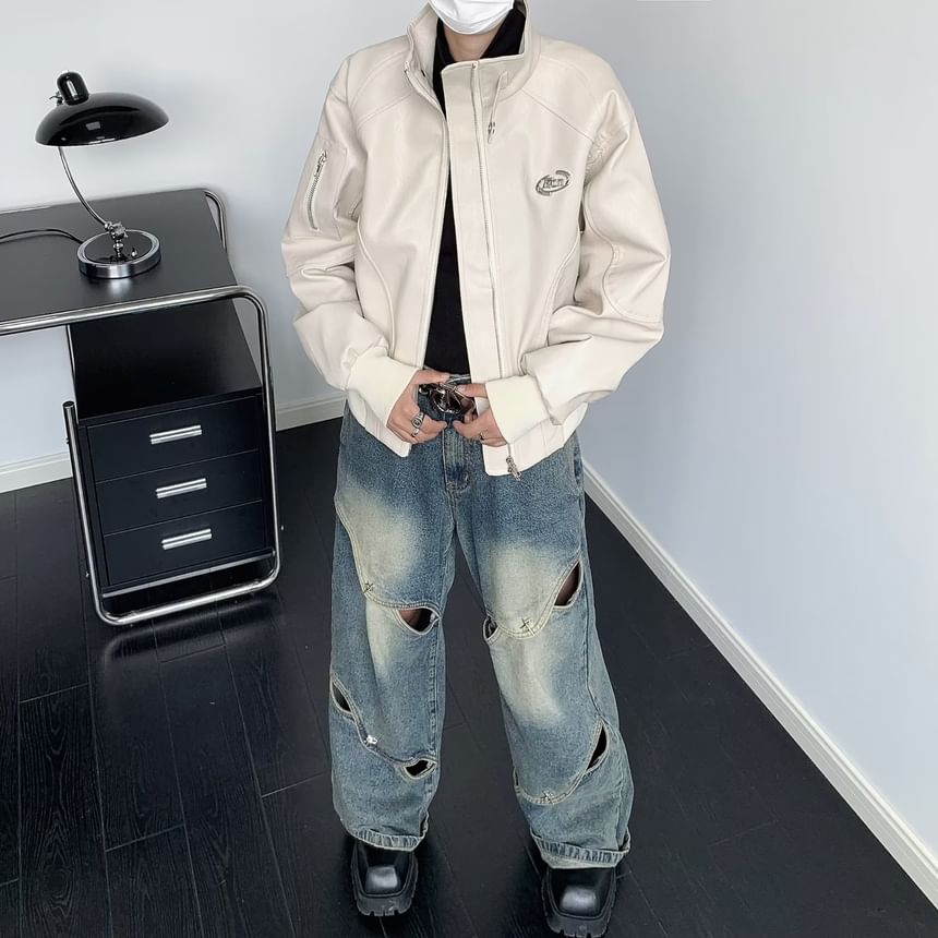 AXEN - Opstaande kraag, metalen accent, imitatieleren ritsjack