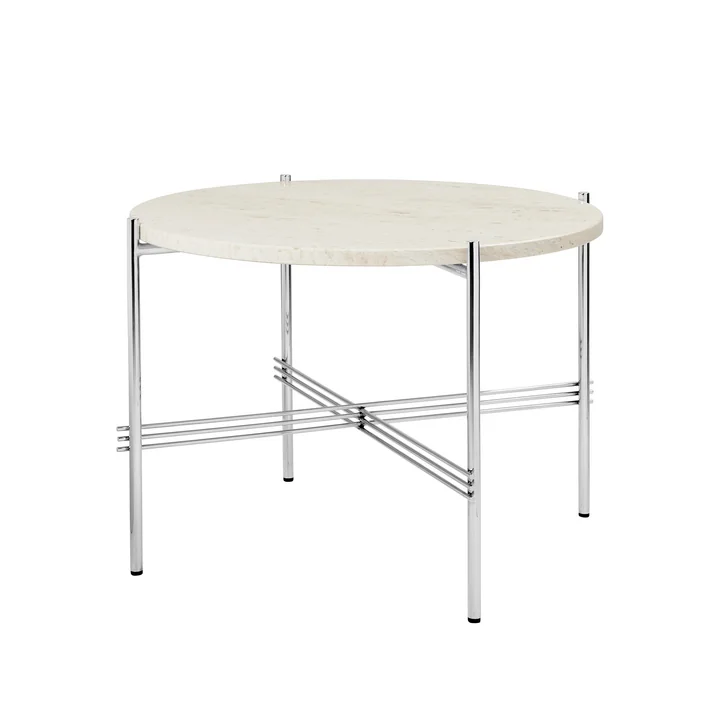 Gubi - TS Couchtisch Ø 55 cm, Stahl poliert / Travertin weiss