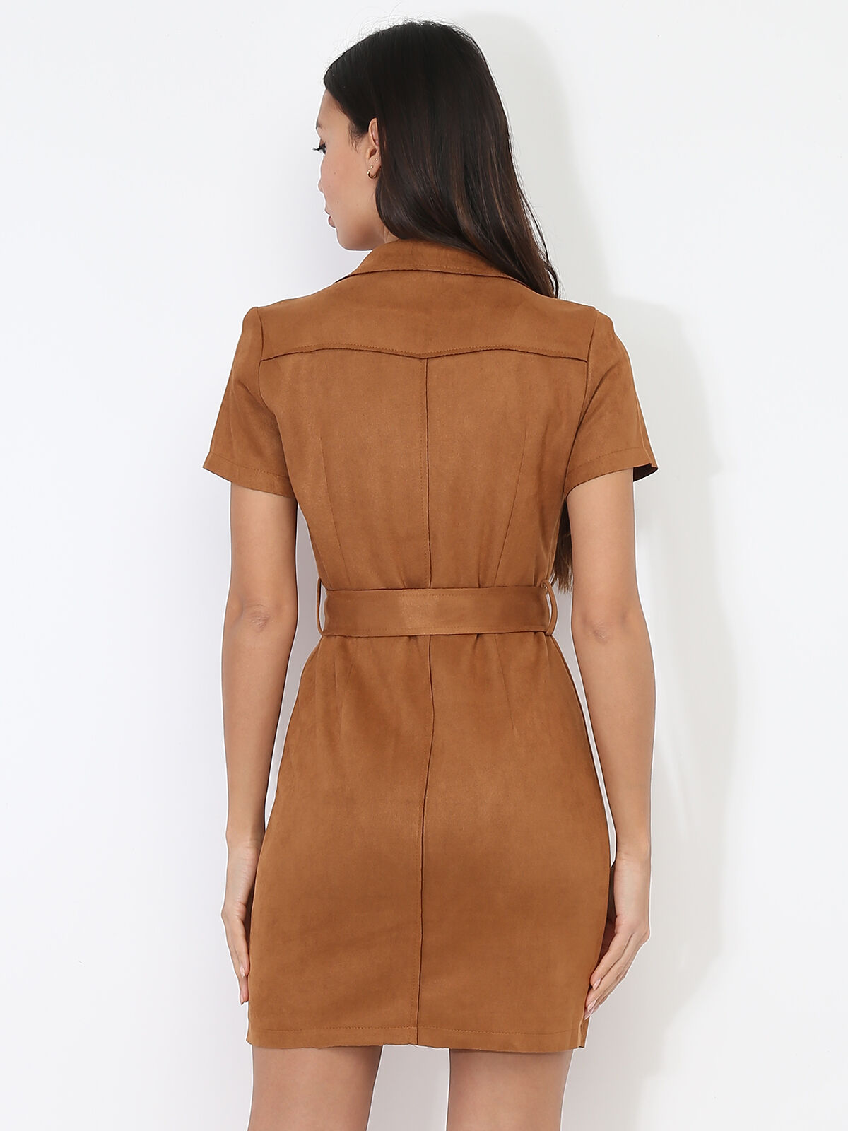 Robe blazer ceinturée en suédine- Camel foncé