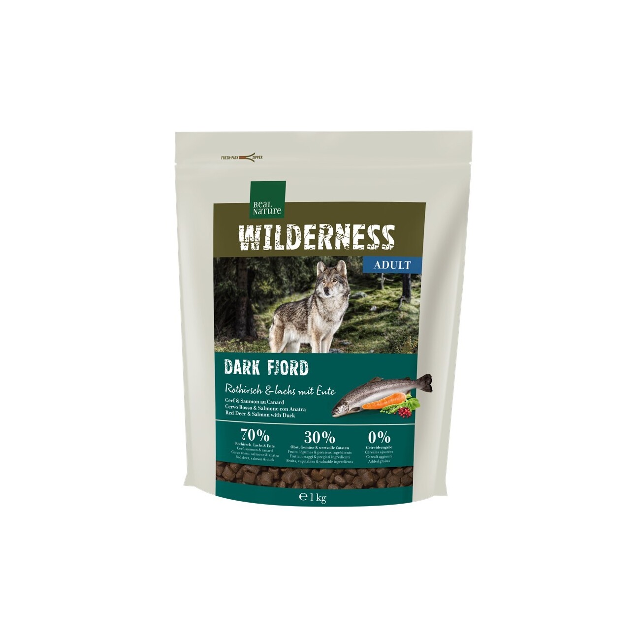 REAL NATURE WILDERNESS Trockenfutter Hund, Adult, Dark Fjord Rothirsch, Lachs und Ente 1 kg