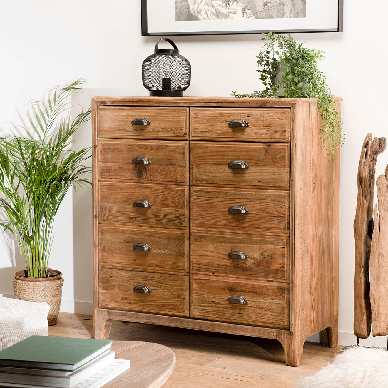 Macabane Meuble 2 tiroirs 2 portes avec tiroirs Sandy bois naturel  - 105x48x113 cm