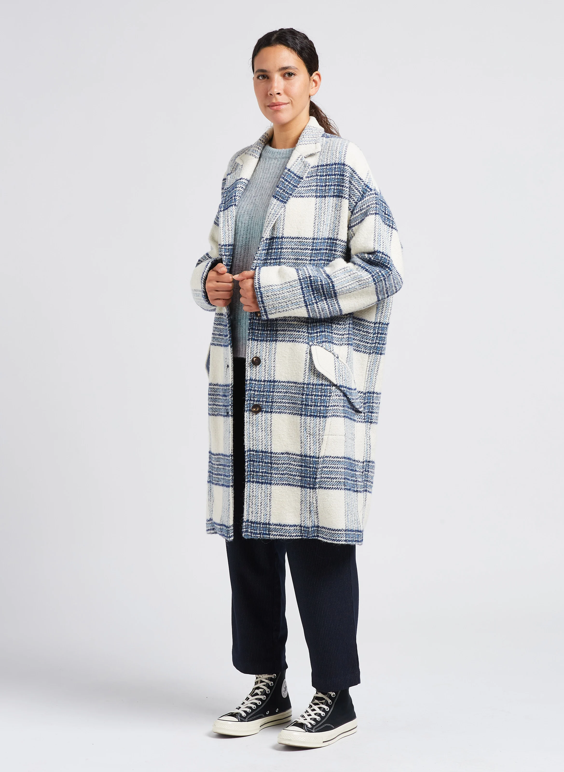 CLAIRE - Manteau long ample à col tailleur en laine mélangée | Vert