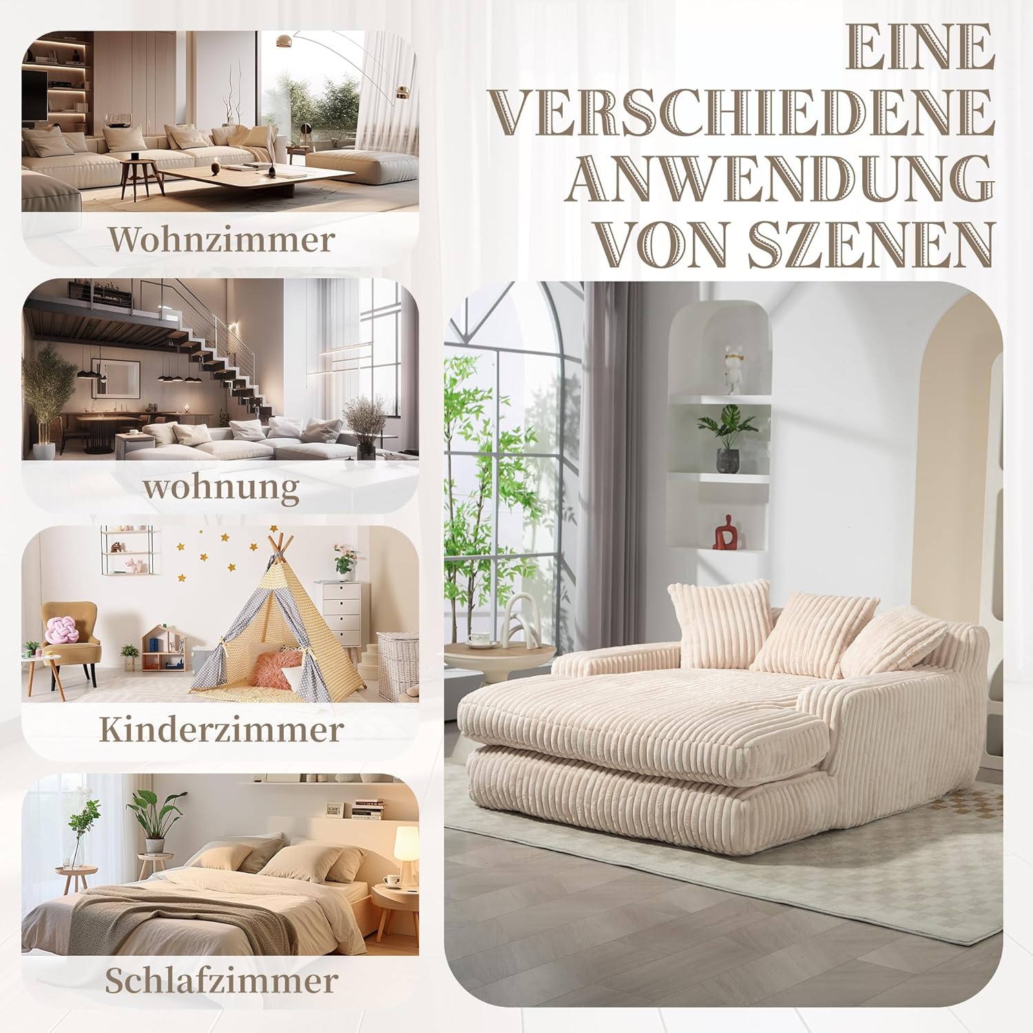 Modernes Cord-Schlafsofa Cloud Couch mit 3 weichen Kissen, bequemes Einzelsitz-Bodensofa für Wohnzimmer Wohnung Büro (Beige)