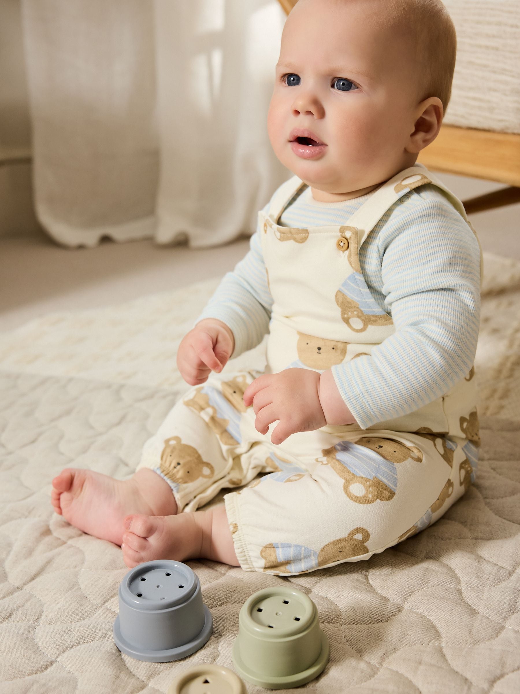 Blauw met beerprint - Jersey tuinbroek en rompertje babyset (0mnd-2jr)