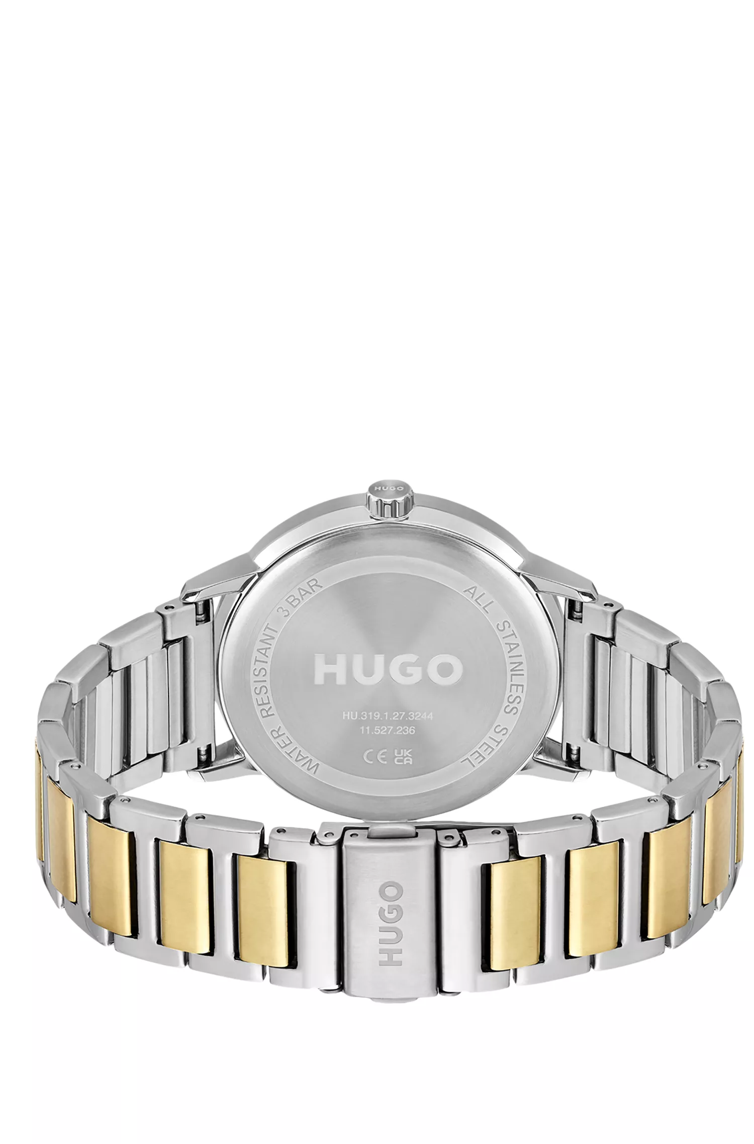 Relógio HUGO com mostrador vermelho e preto e pulseira bicolor.