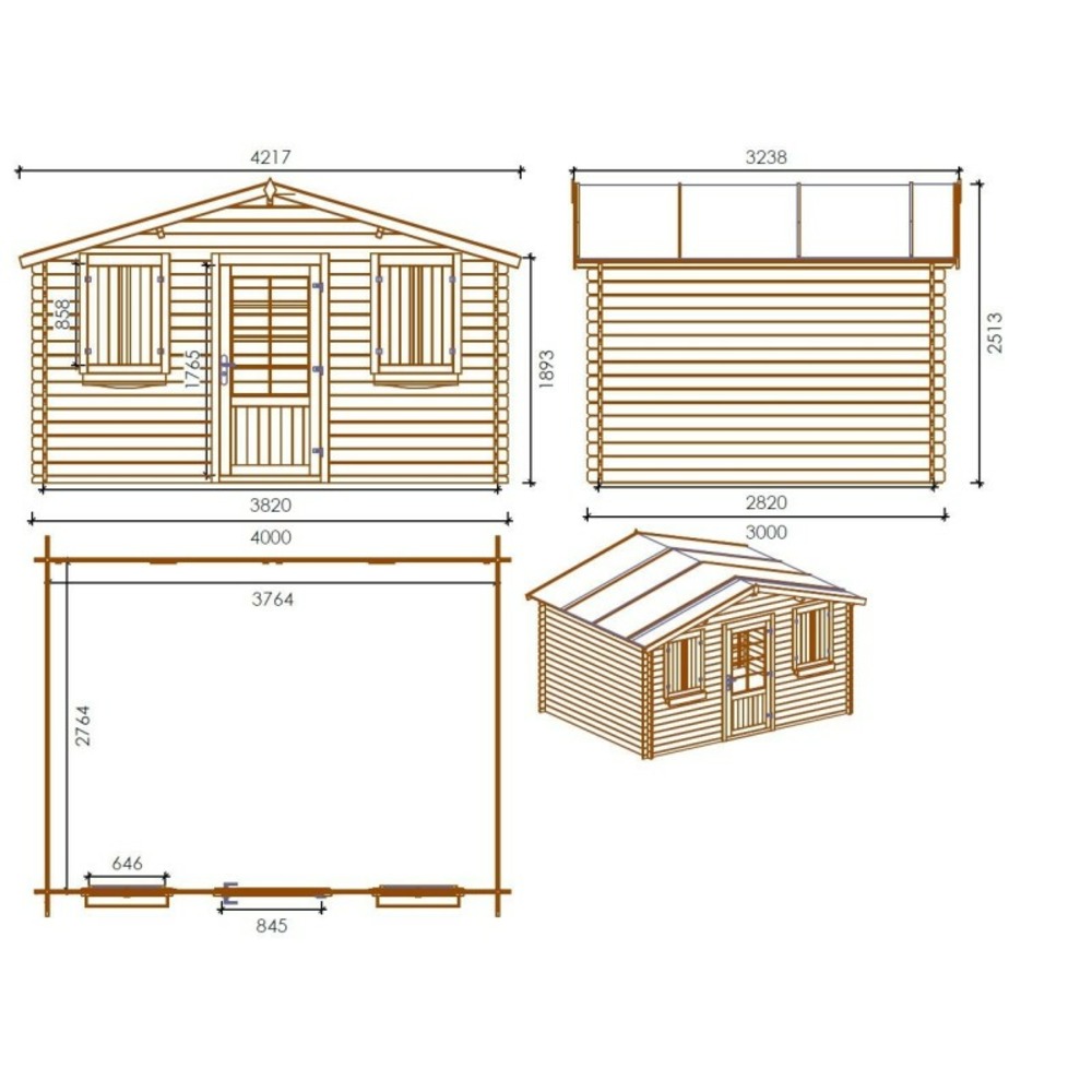 Abri de jardin en bois - 4x3 m - 24 m2 + terrasse avec balustrade et avant-toit en bois