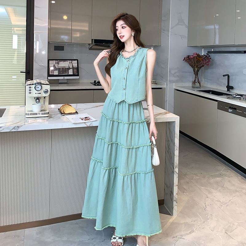 Yilda - Set: Mouwloze effen blouse + hoge taille maxi A-lijn rok
