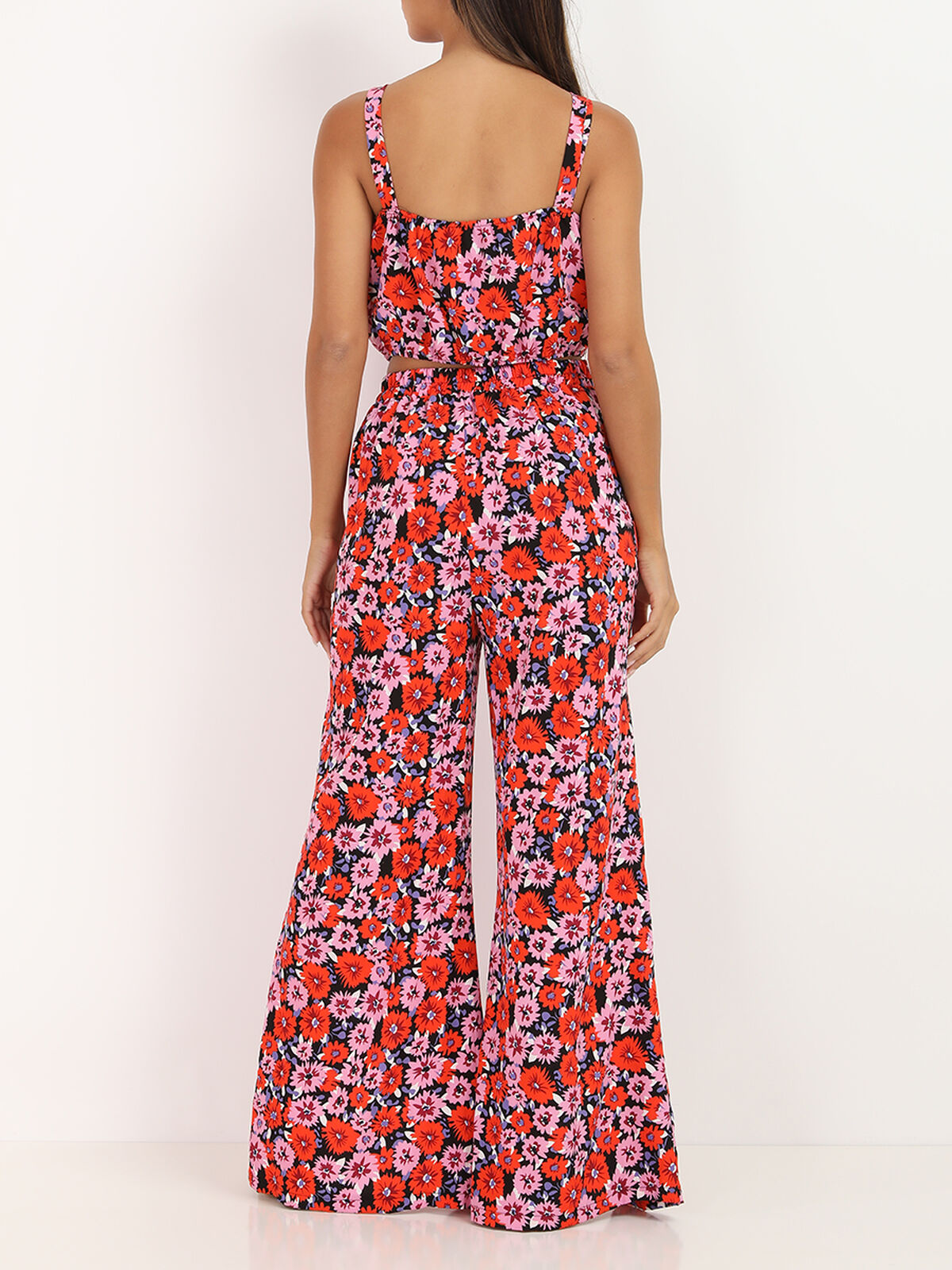 Ensemble pantalon crop top à fleurs- Noir