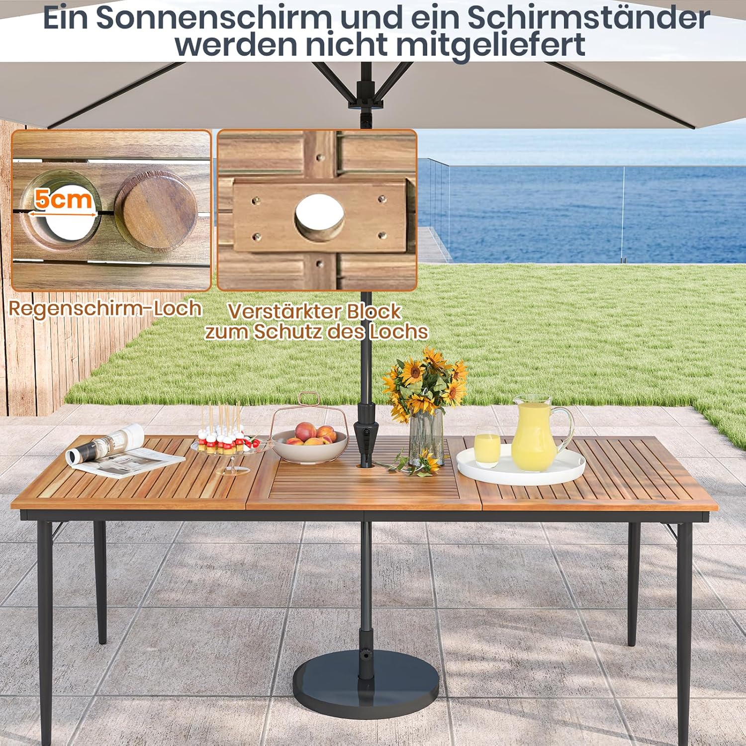 GOPLUS Gartentisch aus Akazienholz, 200×90cm Terrassentisch wetterfest mit 5cm Schirmloch, Esstisch rechteckig für 8 Personen, für Outdoor Garten Terrasse Hof (Modell C)