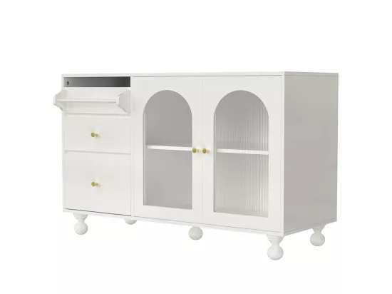Buffet de salle à manger blanc avec longue porte en verre arc-en-ciel et porte-serviettes, meuble de rangement élégant
