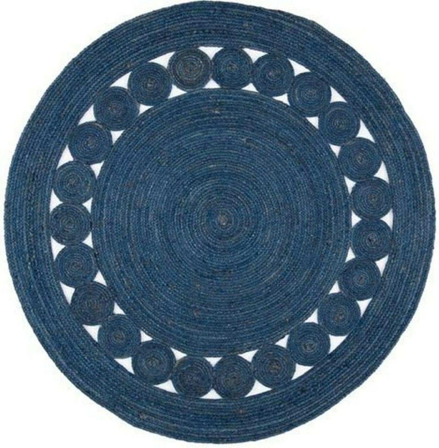 Teppich, Jute, natürliches Kreis-Design, rund, handgefertigt, geflochten, wendbar, 150 x 150 cm, Blau