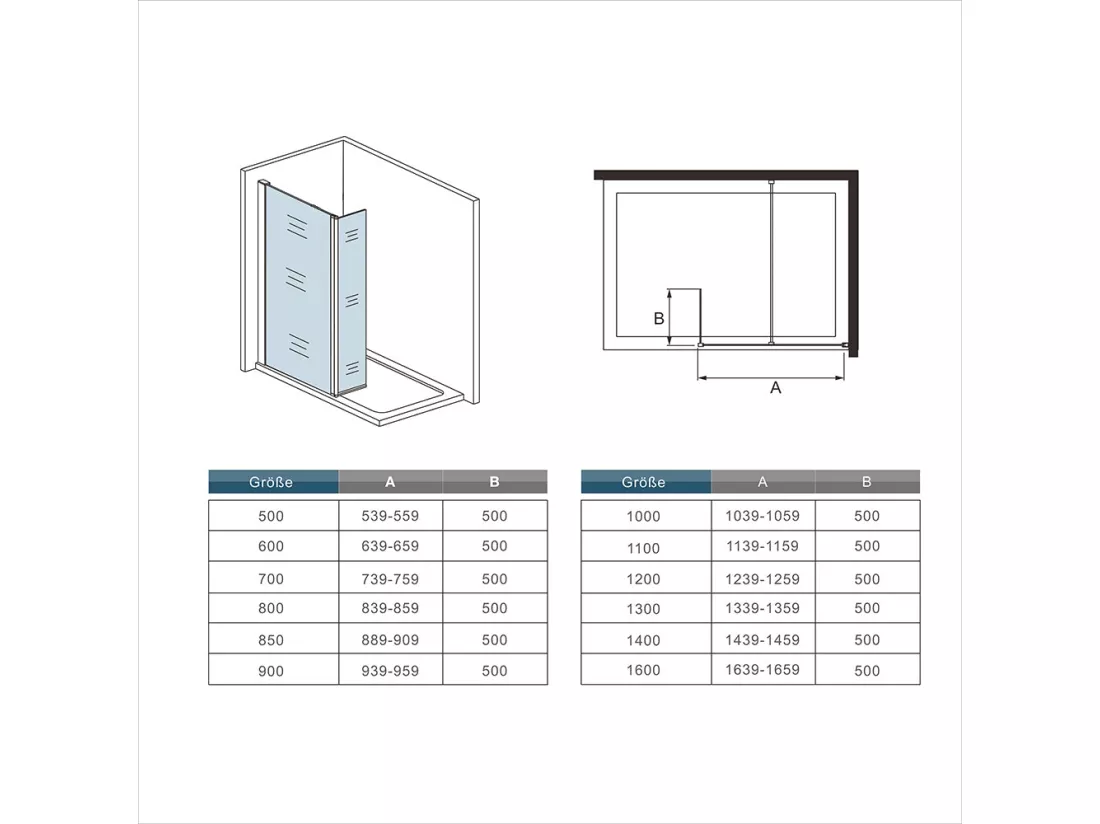 Paroi de douche à l'italienne 80x200cm avec retour pivotant 50x200cm - Verre securit - Avec barre de fixation 70-120cm en cylindrique