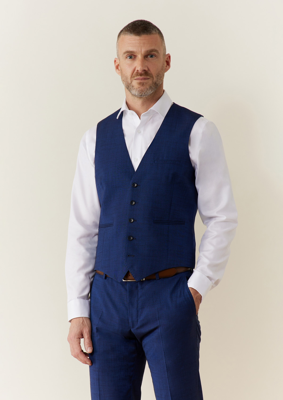 Gilet de costume en laine et coton stretch unis bleu indigo