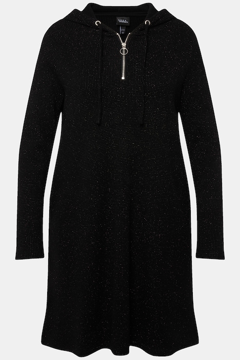 Sweat-Midikleid, Waffelstruktur, Glitter, Kapuze, Langarm