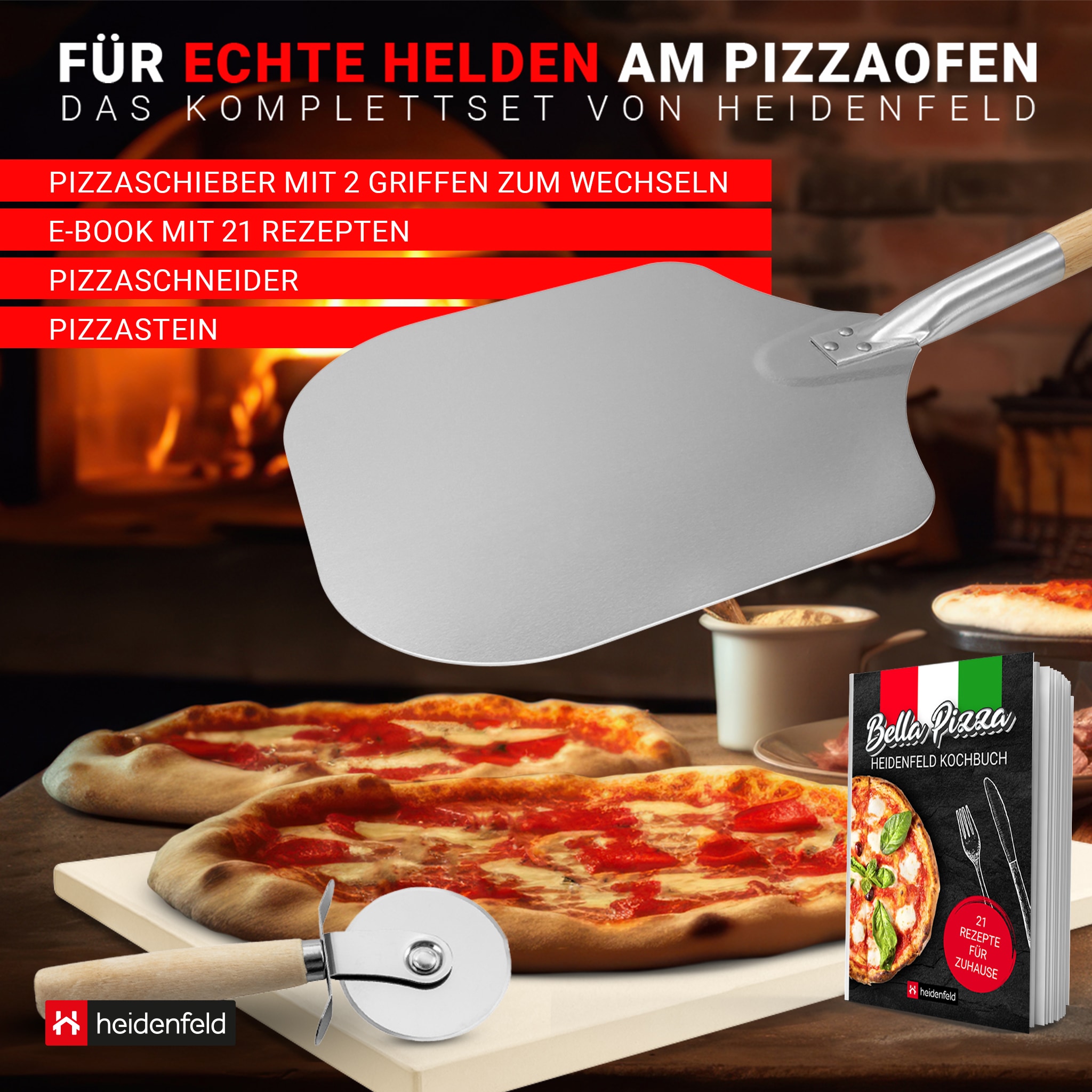 Heidenfeld 5in1 Pizza-Set, Pizzastein, 2in1 Pizzaschieber, Pizzaschneider, Holzgriffe, Pizza-Zubehör