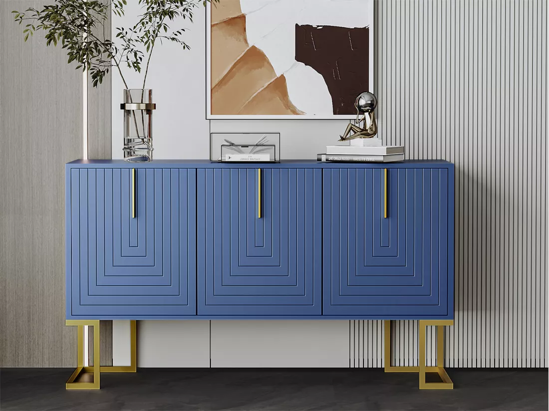 Buffet moderne avec étagères réglables - 3 portes à motif de U - poignées et base en métal - Bleu