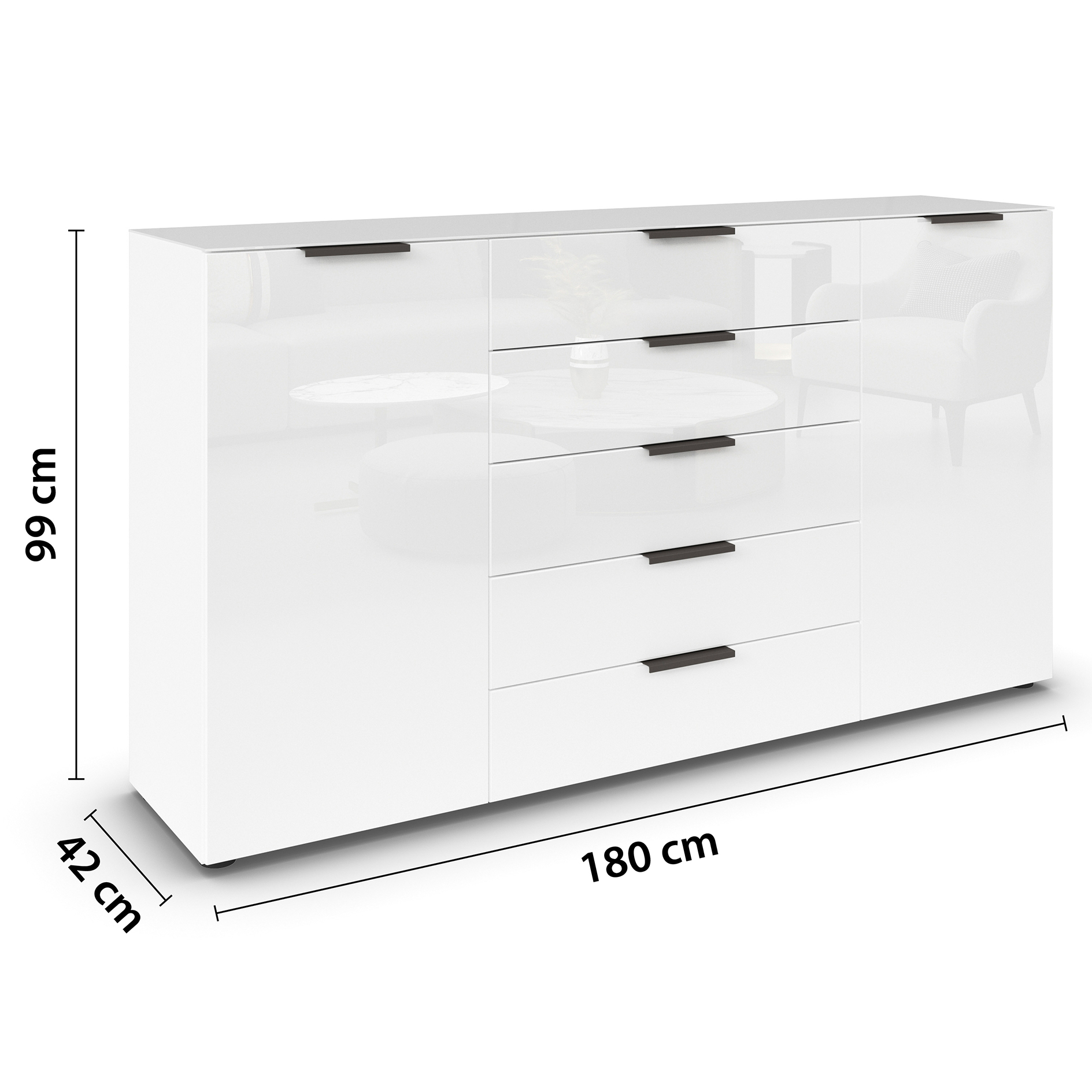 Kommode - alpinweiß-Kristallweißglas - Graphitgriffe - 180 cm