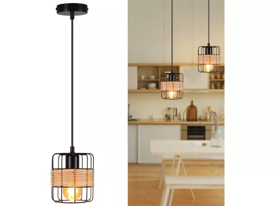 NETTLIFE Suspension E27 Noir Vintage Rotin Boho Métal Bois Lampe de Cuisine Bambou Naturel Abat-Jour Panier pour Salle à Manger Salon