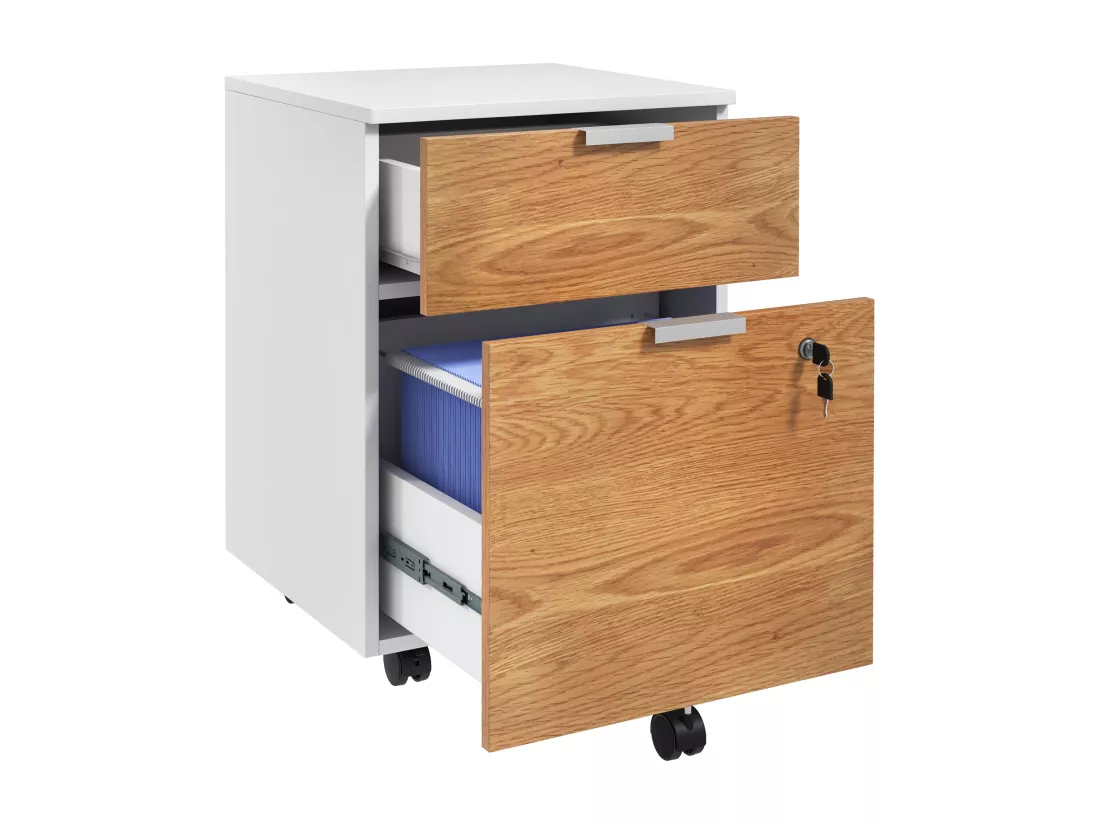 Caisson de bureau rangement bureau sur roulettes - tiroir coulissant, tiroir dossiers suspendus - blanc aspect chêne moyen
