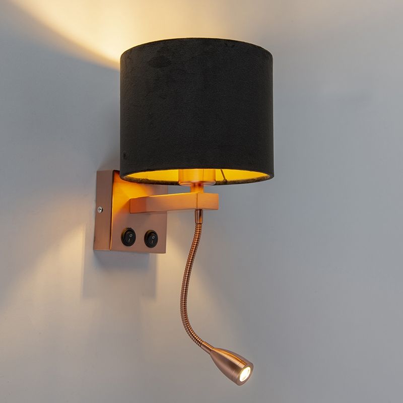 Moderne wandlamp koper met kap velours zwart - Brescia