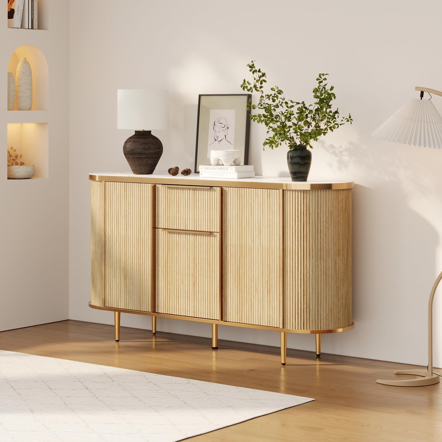 Caldion Sideboard mit 3 Türen und 1 Schublade kommode Wohnzimmer für Küchenschrank Küchenschrank Sideboard mit Schubladen Flur möbel buffetschrank Natürliche Holzfarbe 140x38.9x80cm