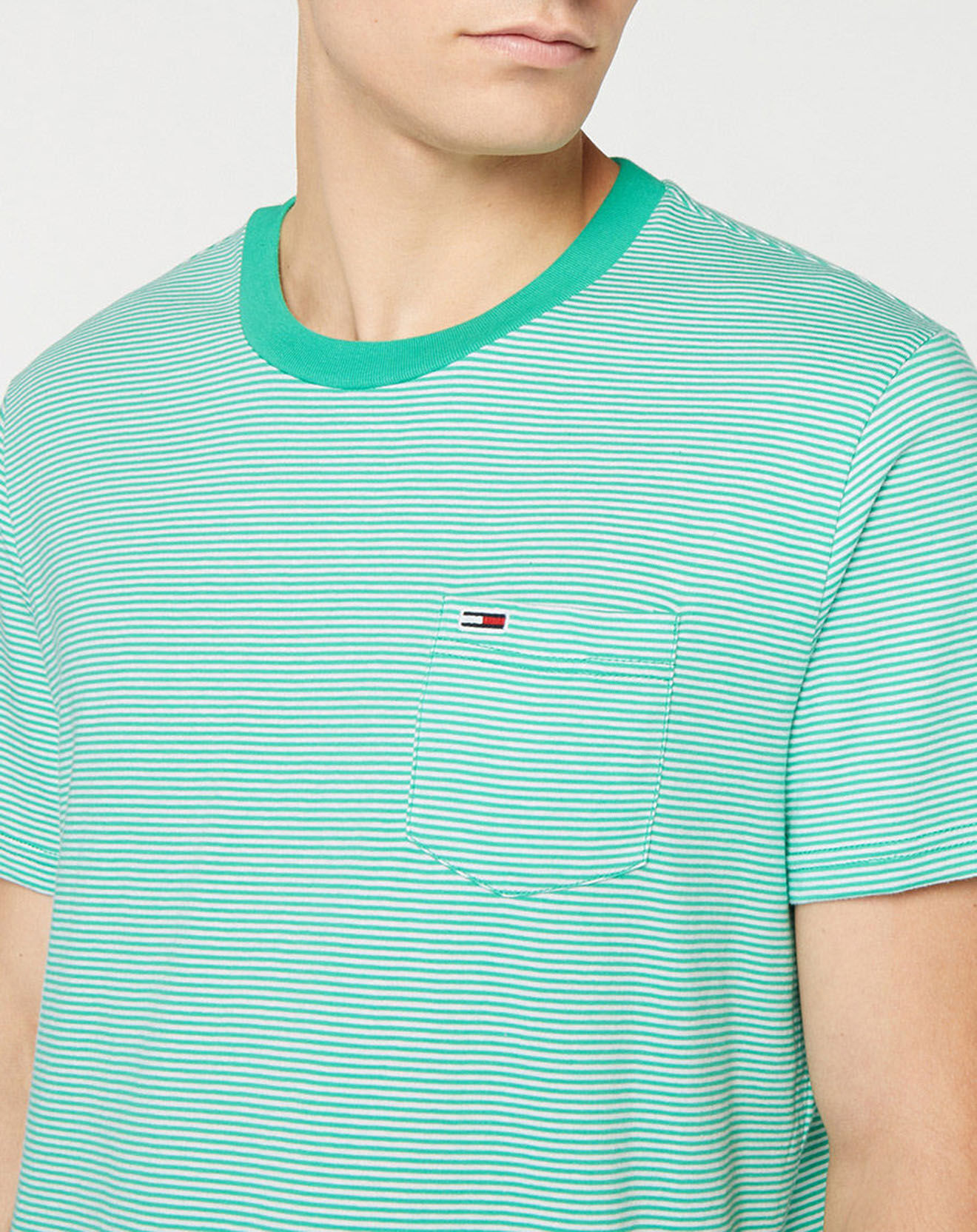 Tommy Jeans T-Shirt 100% Coton Bio Pocket à fines rayures vert/blanc