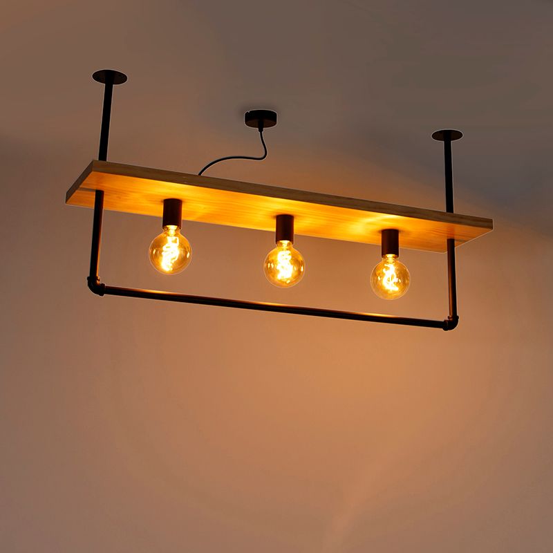 Industriële plafondlamp zwart met hout 3-lichts - Shelf