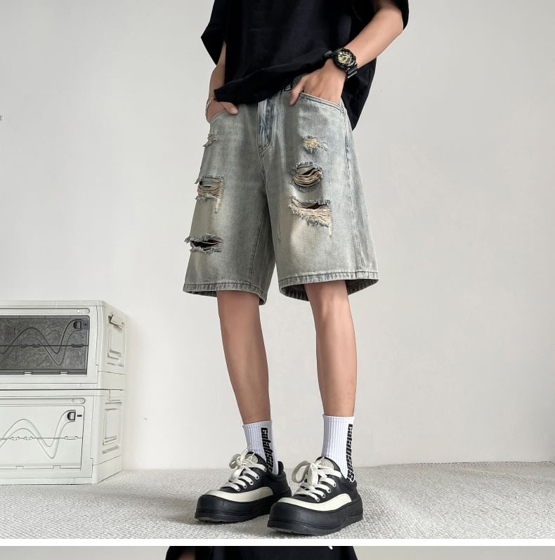 Lorencho - Mid Rise Distressed Washed Denim Shorts