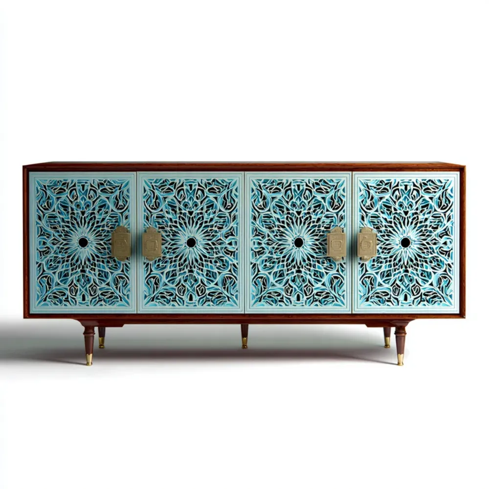 Sideboard Holz - geschnitztes Muster mit blauen Details 180x45x75 cm - Orientalischer Stil