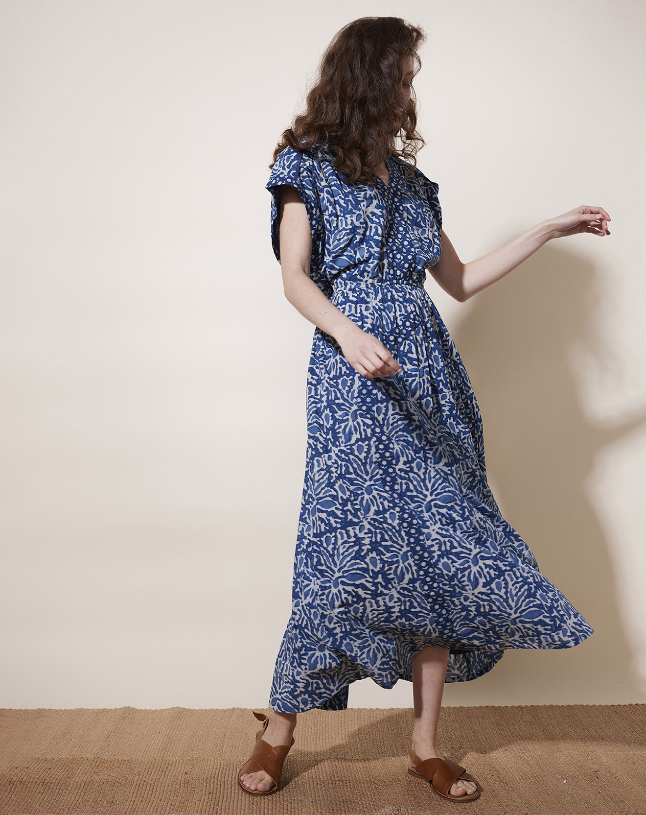 Louizon Robe longue 100% Coton Bio Dishka imprimée bleue