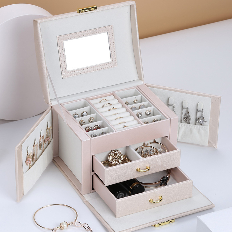 (175x135x130mm) Leder Schmuckschatulle mit Spiegel Aufbewahrungsbox Organizer für Ringe / Ohrringe / Armbänder - Weiss
