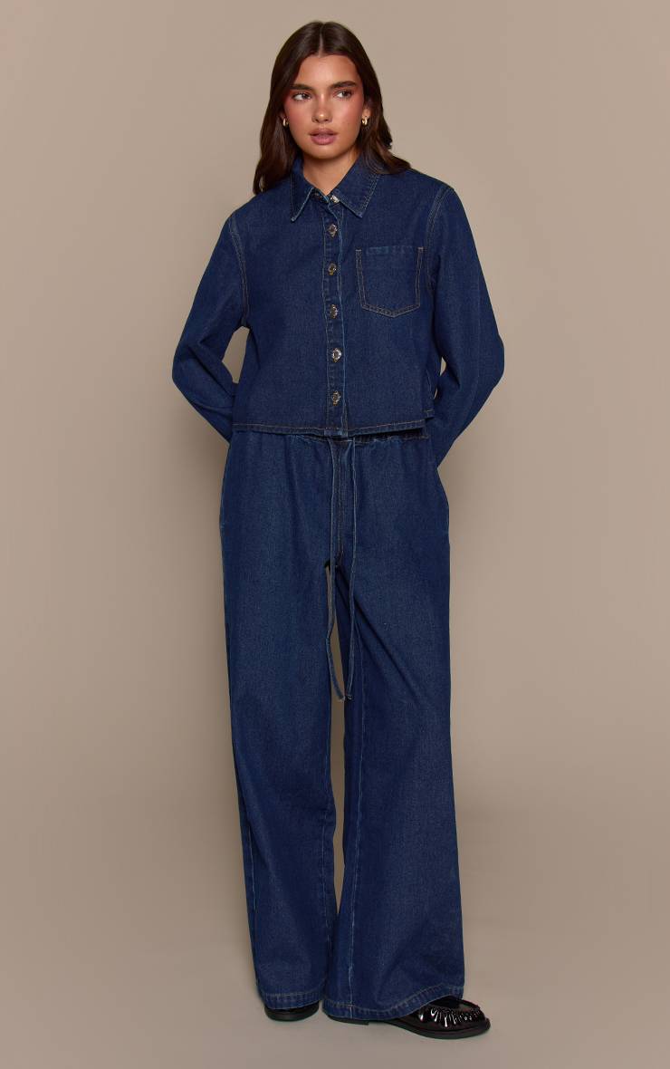 Bleu Indigo Jean En Denim Taille Moyenne Avec Ceinture À Nouer