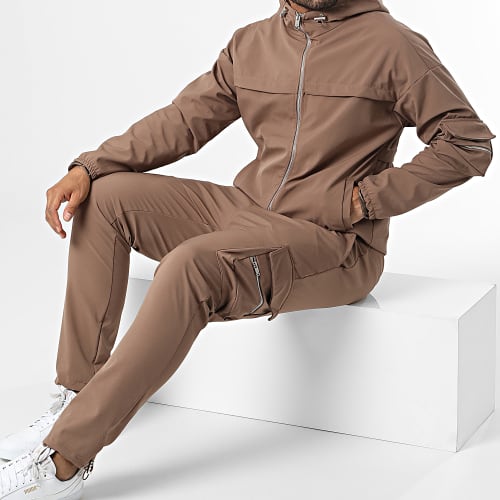 Ensemble Sweat Zippé Capuche Et Pantalon Cargo LL715 Marron