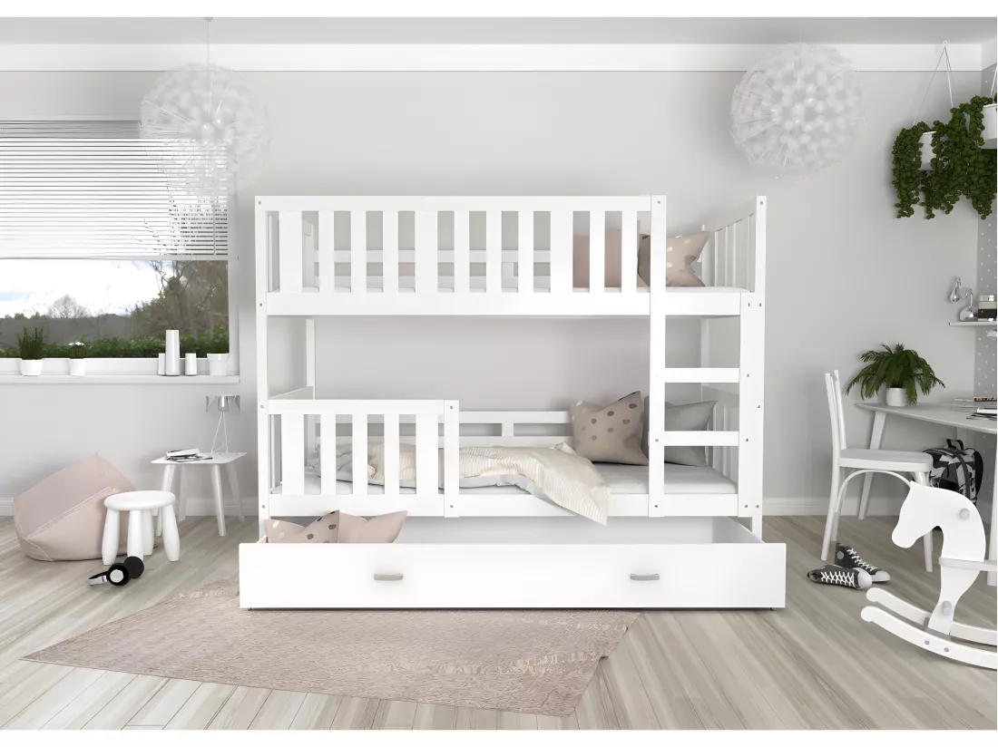 Lit superposé enfant NEMO 90X190 cm - 2 Sommiers et Tiroir inclus Blanc