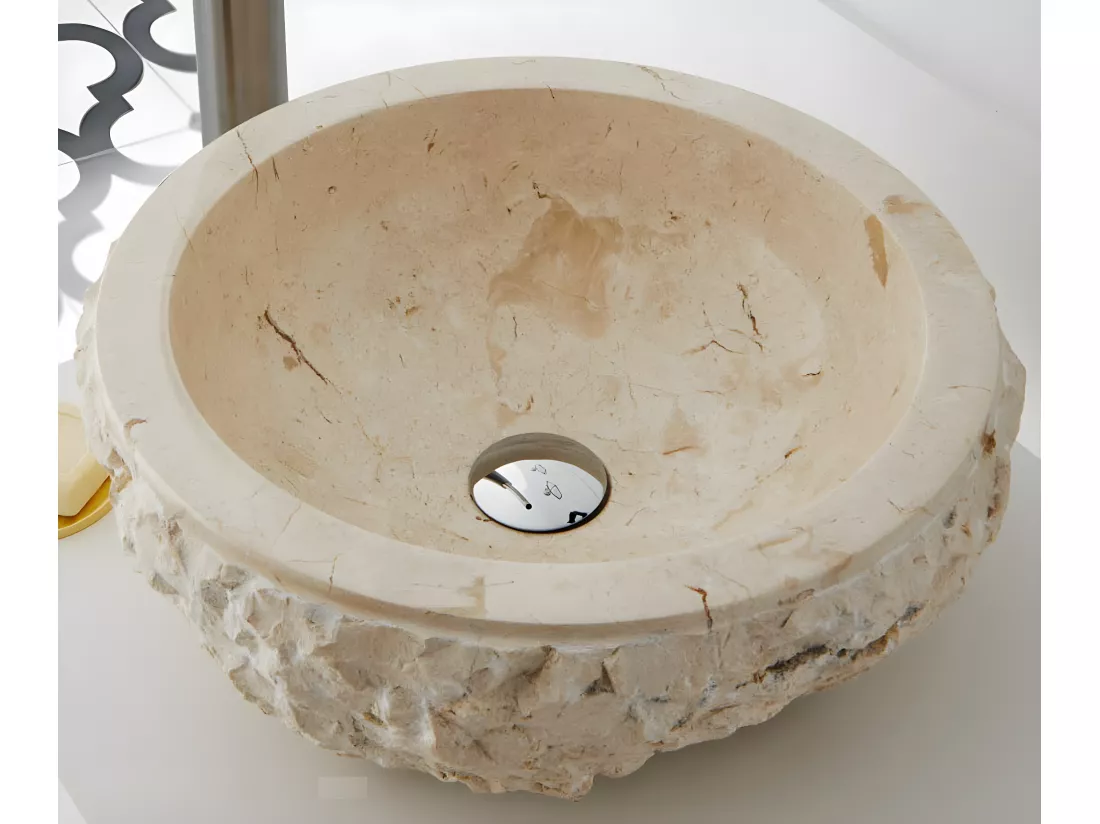 Vasque à poser / lavabo en marbre coloris beige - Diamètre 40 x Hauteur 15 cm