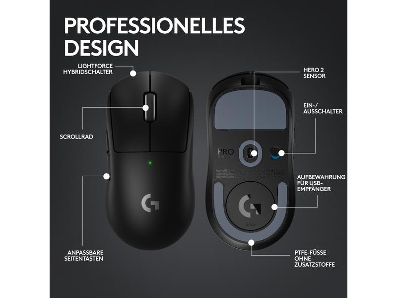Logitech Gaming-Maus Pro X Superlight 2 Lightspeed Schwarz Extrem leichte Gaming-Maus mit leistungsvoller Performance
