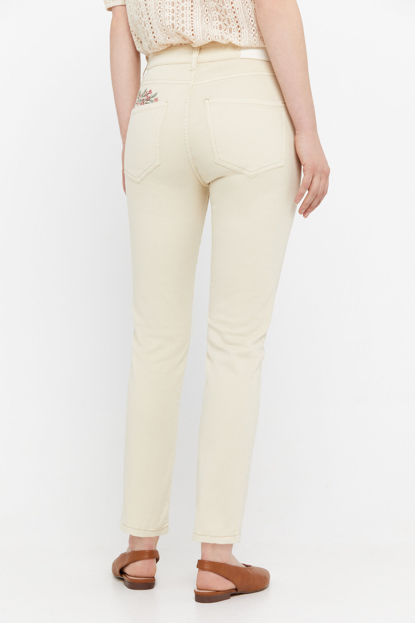 Calça jeans cropped de 5 bolsos - Bege